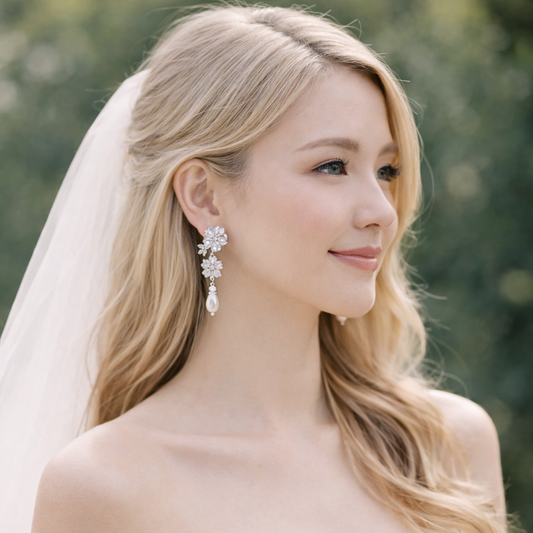 Wedding Marquise Clear Floral Crystal Pearl Drop Earrings