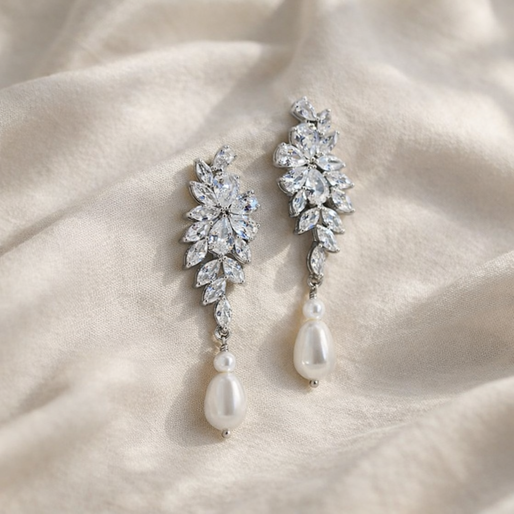 Bridal Clear Floral Crystal Pearl Drop Earrings