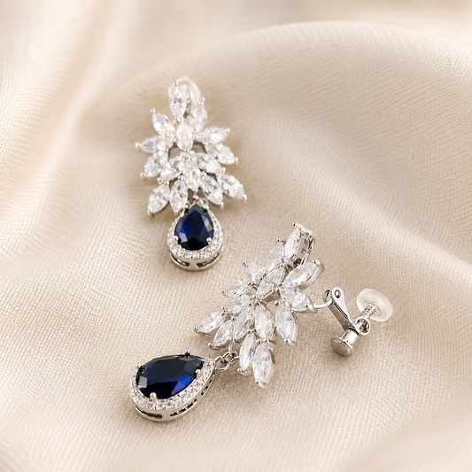 Wedding Bridal Something Blue CZ Teardrop Clip-on Earrings