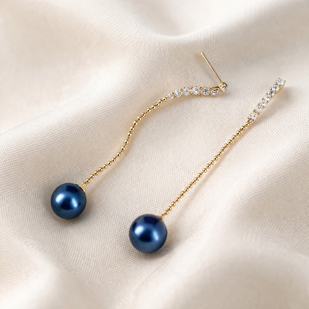 Navy Blue Pearl Drop Earrings Gold Chain Dangle