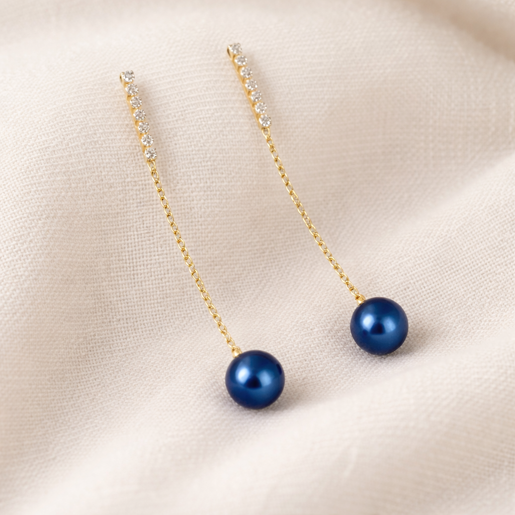 Navy Blue Pearl Drop Earrings Gold Chain Dangle