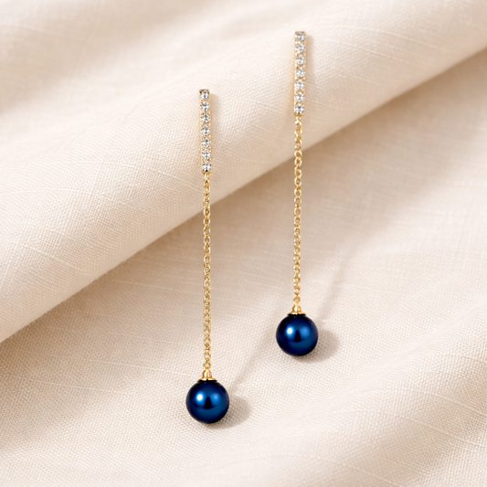 Navy Blue Pearl Drop Earrings Gold Chain Dangle