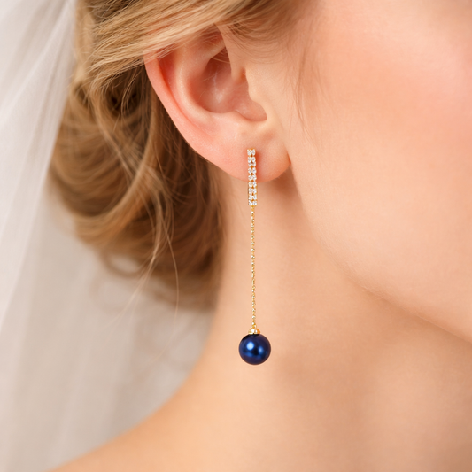 Navy Blue Pearl Drop Earrings Gold Chain Dangle