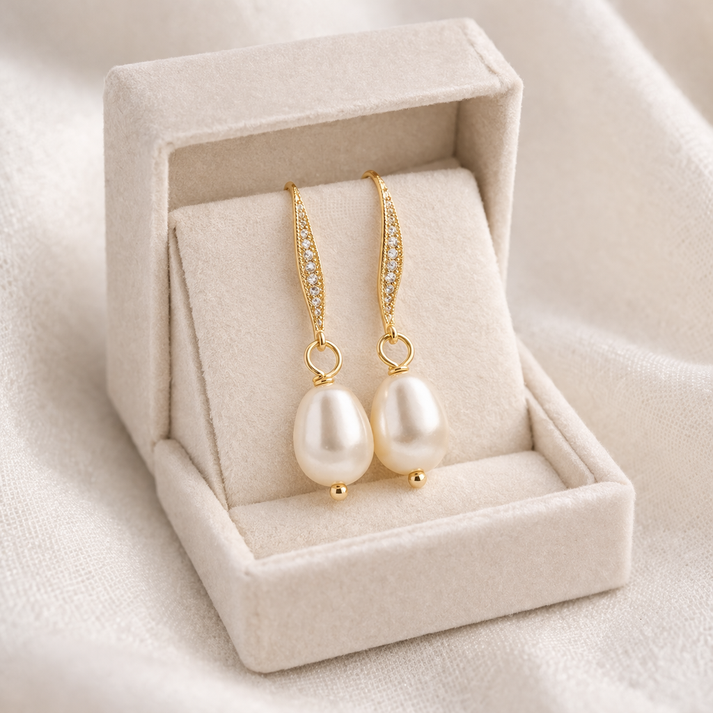 Boucles d'oreilles clips Mischa CZ feuille et perle blanche 