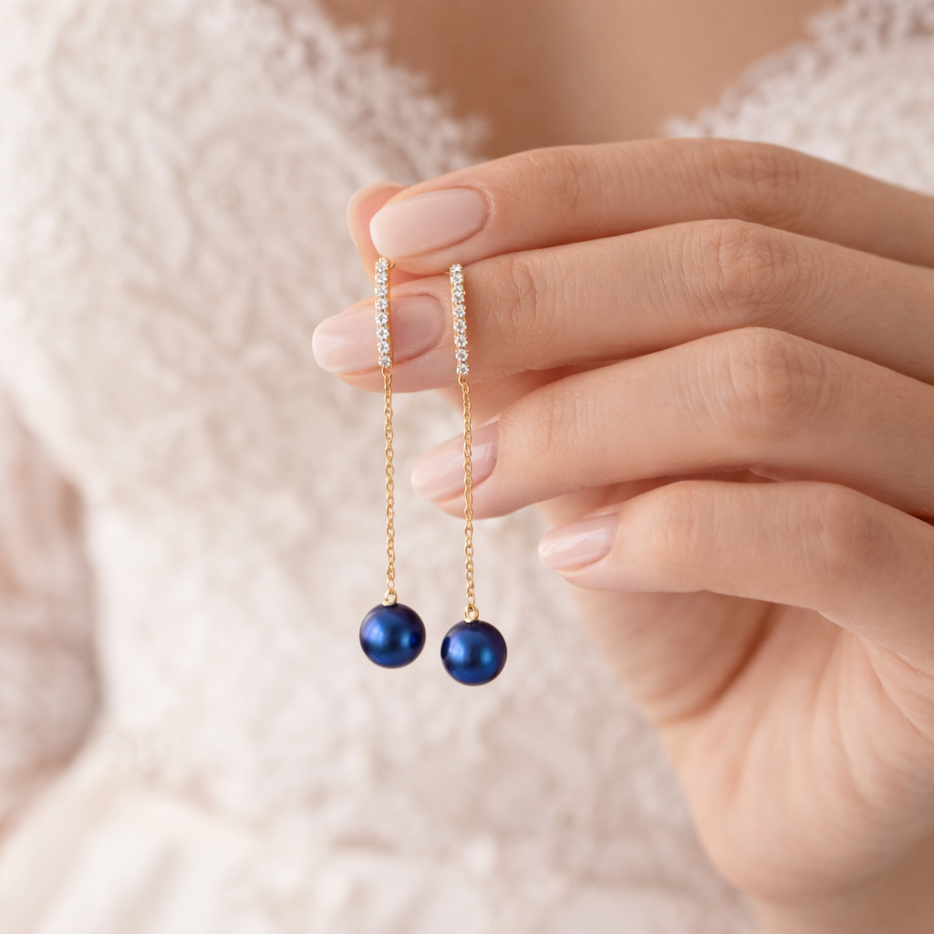 Navy Blue Pearl Drop Earrings Gold Chain Dangle