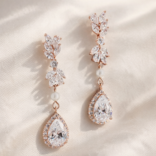 Bridal Rose Gold Teardrop Crystal Drop Earrings Wedding Jewelry