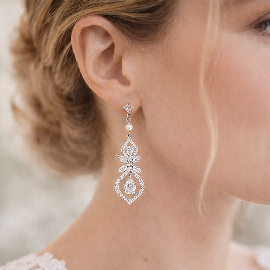 Bridal Marquise Crystal Pearl Clip-On Earrings Wedding Jewelry