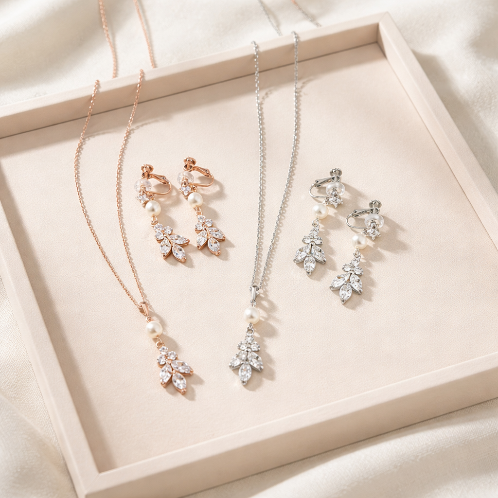 Ensemble collier et boucles d'oreilles en feuilles et perles CZ Lana 2 pièces 