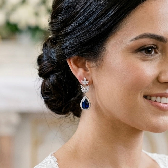 Wedding Bridal Something Blue CZ Floral Earrings