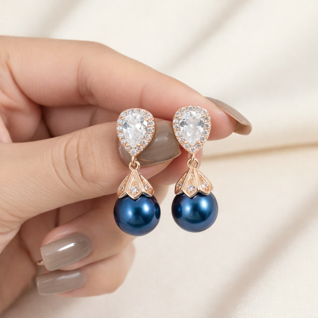 Navy Blue Pearl Bridal Earrings Something Blue