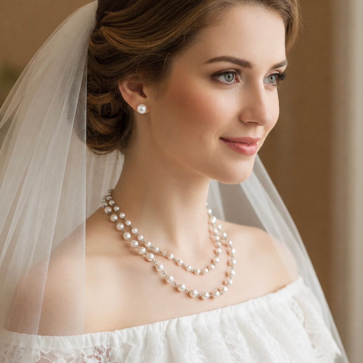 Wedding Double Layer Pearl Necklace and Earrings Set