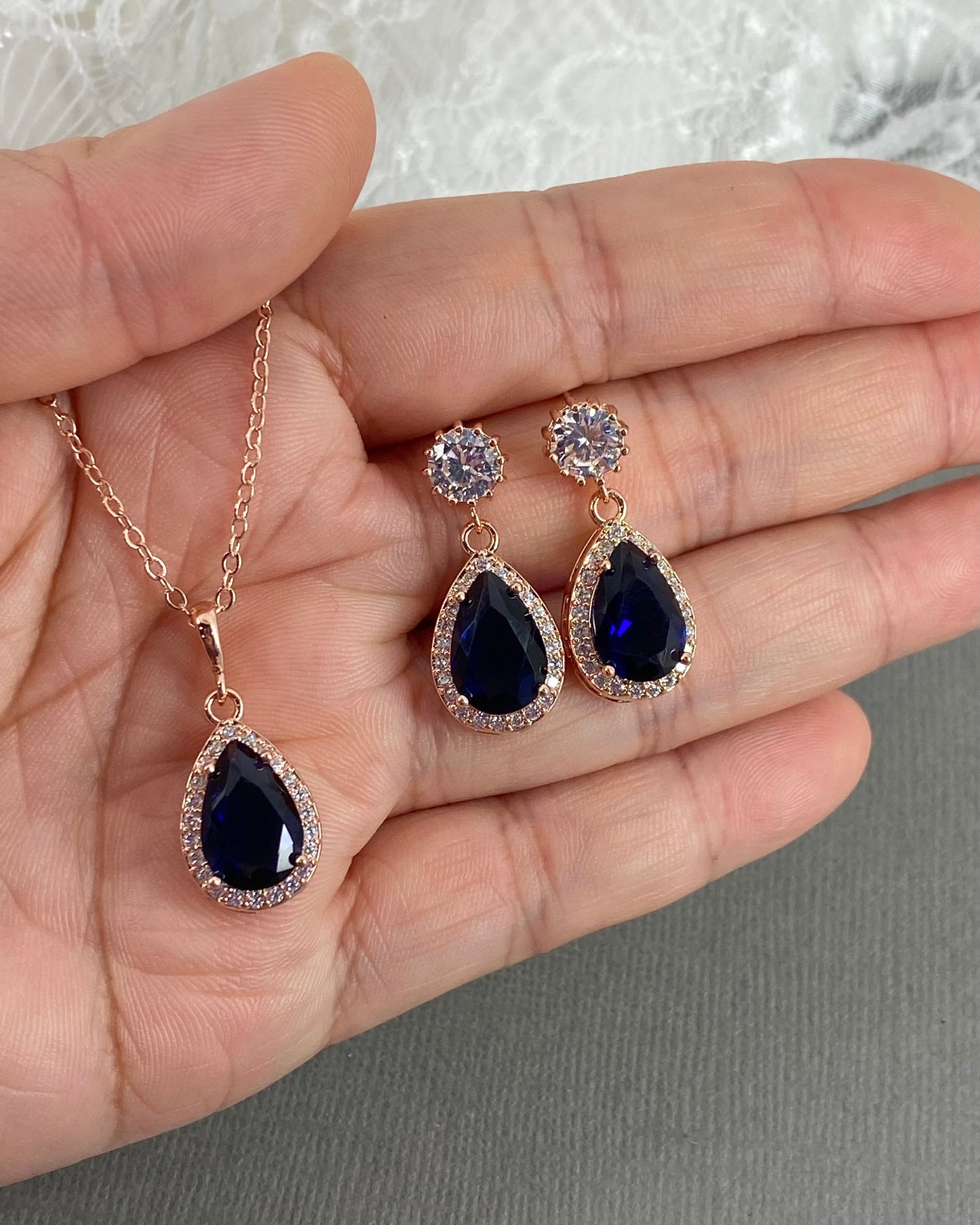 Lupe 2pcs CZ Rose Gold Plated Sapphire Blue Jewelry Set