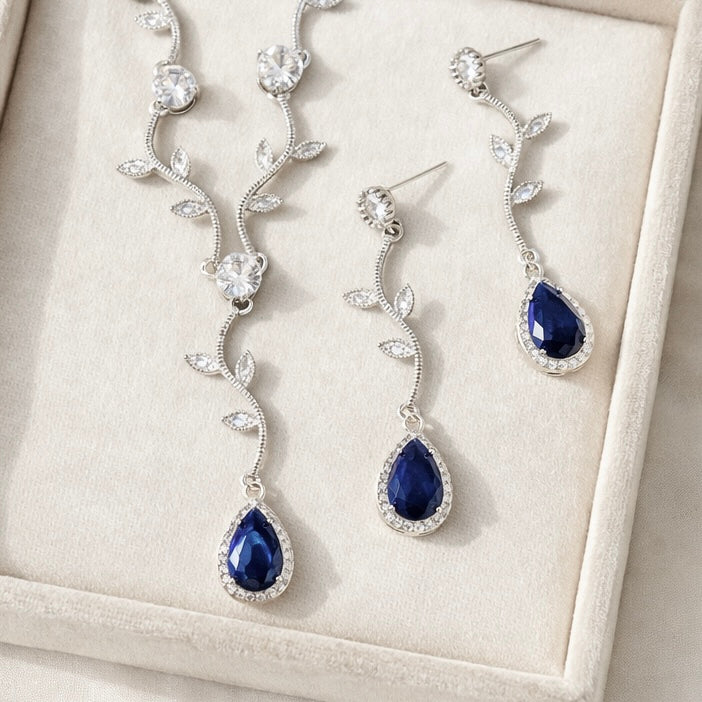 Bridal Blue Crystal Vine Necklace Earring Jewelry Set