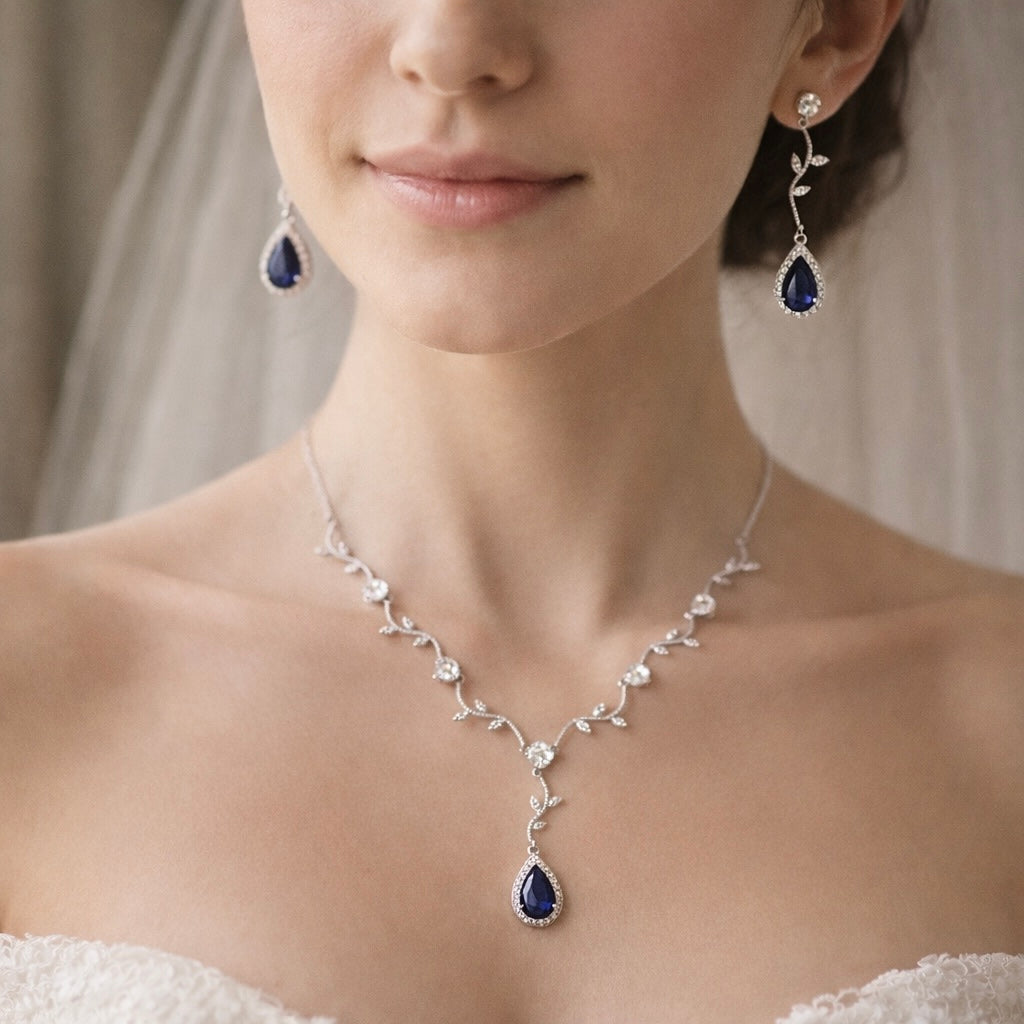 Bridal Blue Crystal Vine Necklace Earring Jewelry Set
