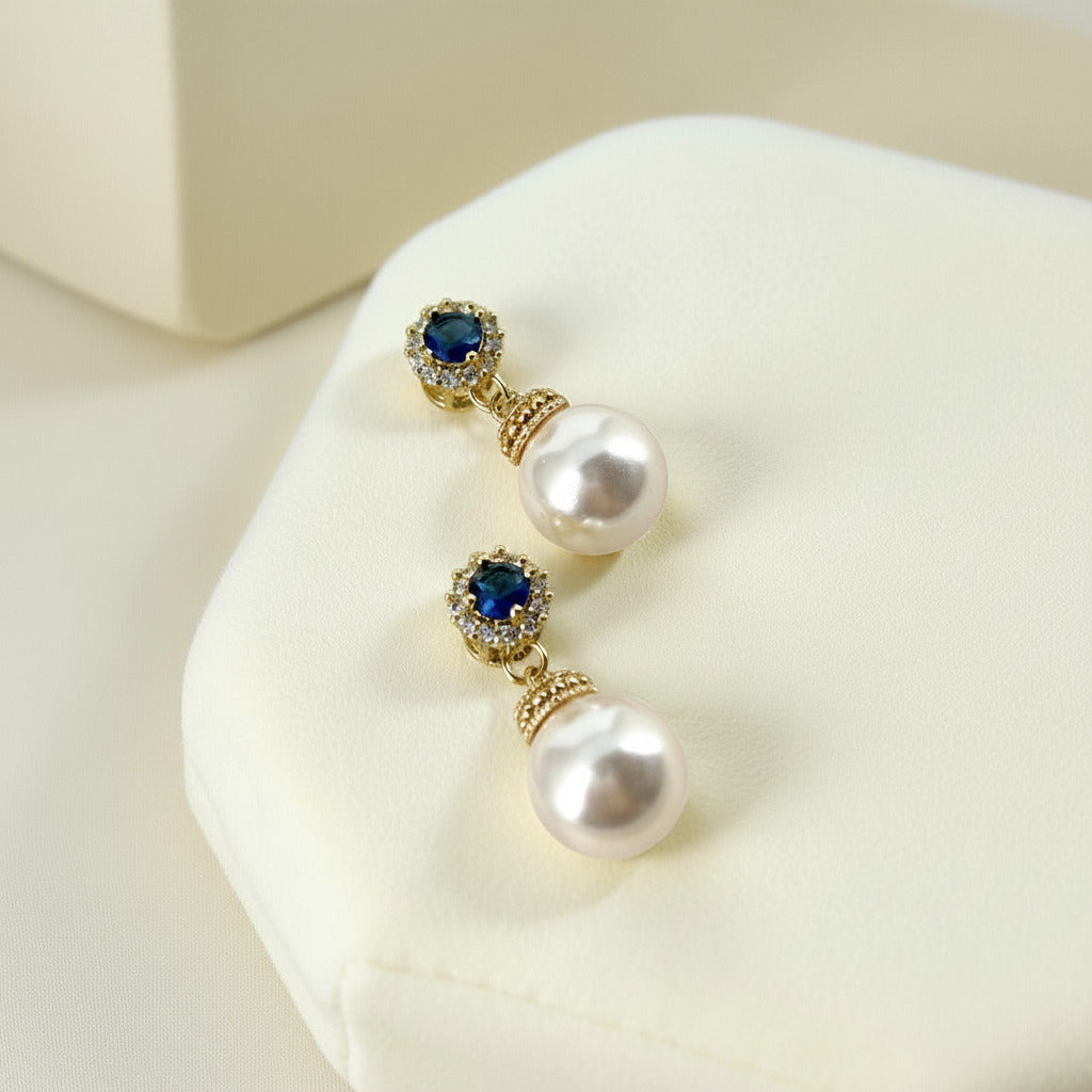Bridal Pearl Gold Earrings with Sapphire Blue Accents
