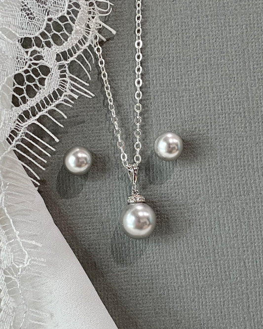 Liz Light Gray Pearl Necklace and Stud Earrings Set