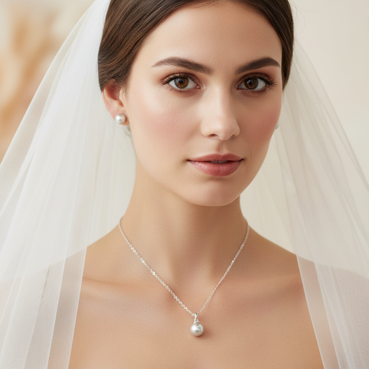 Wedding Bridal Light Gray Pearl Necklace and Stud Earrings Set