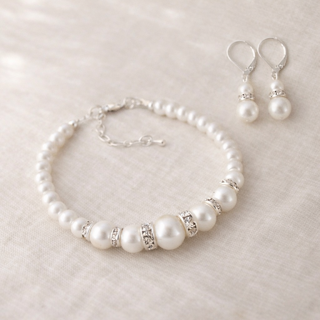 Classic Bridal White Pearl Graduated Necklace Jewelry Set