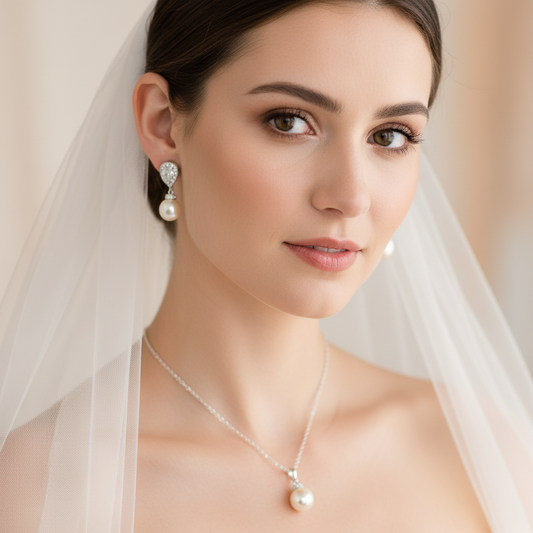Wedding Bridal Cream Pearl Necklace and Earrings Set