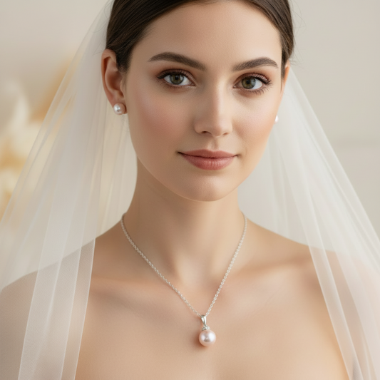 Wedding Bridal Pink Pearl Necklace and Stud Earrings Set