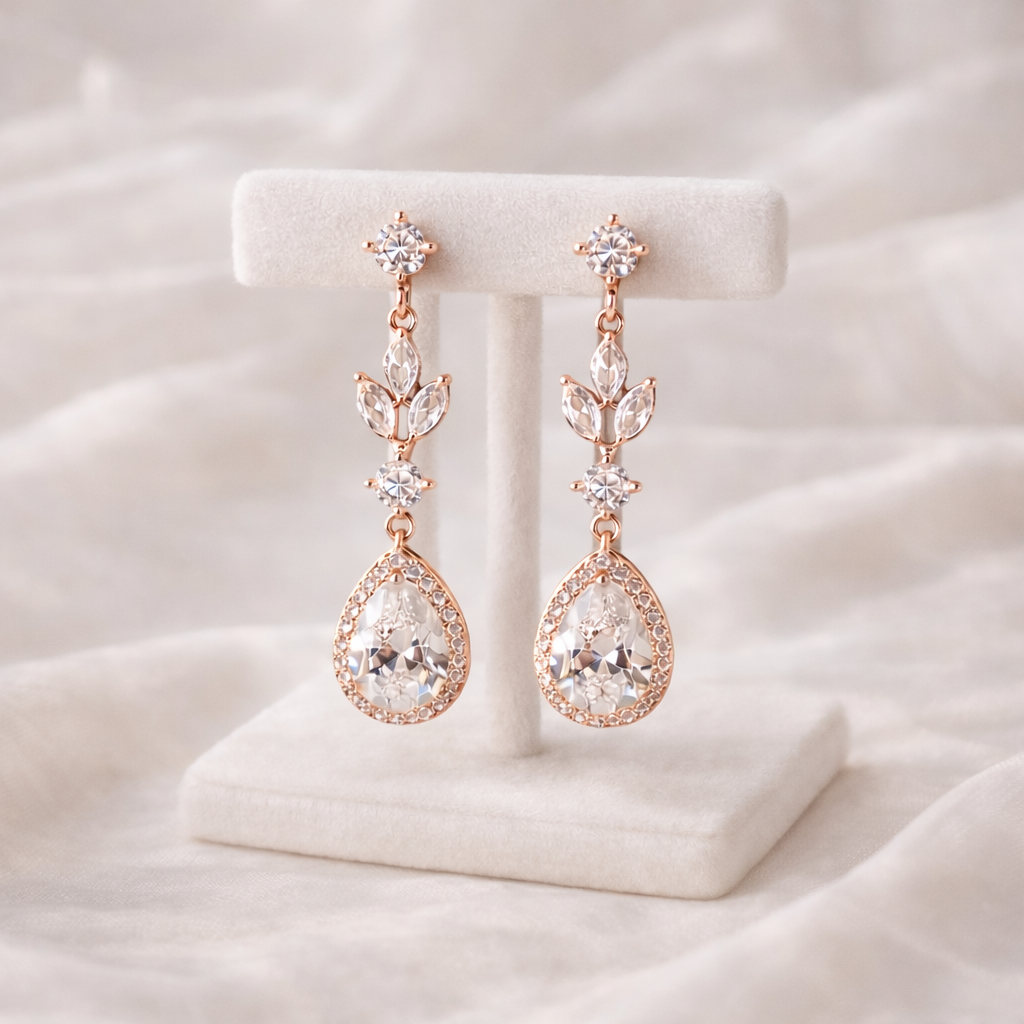 Wedding Crystal Leaf Teardrop Clip on Earrings Bridal Jewelry