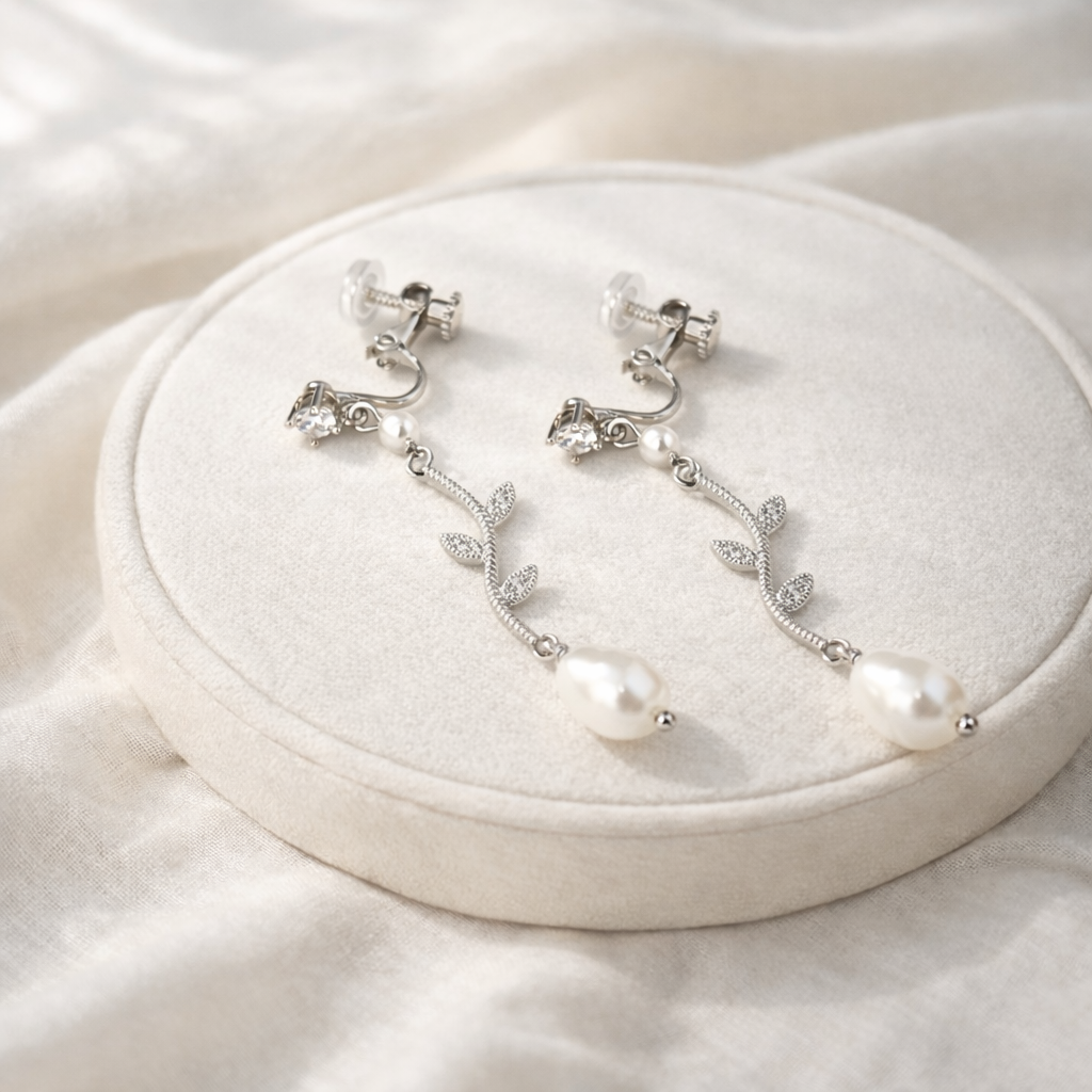Bridal Marquise Leaf and Pearl Crystal Clip on Earrings