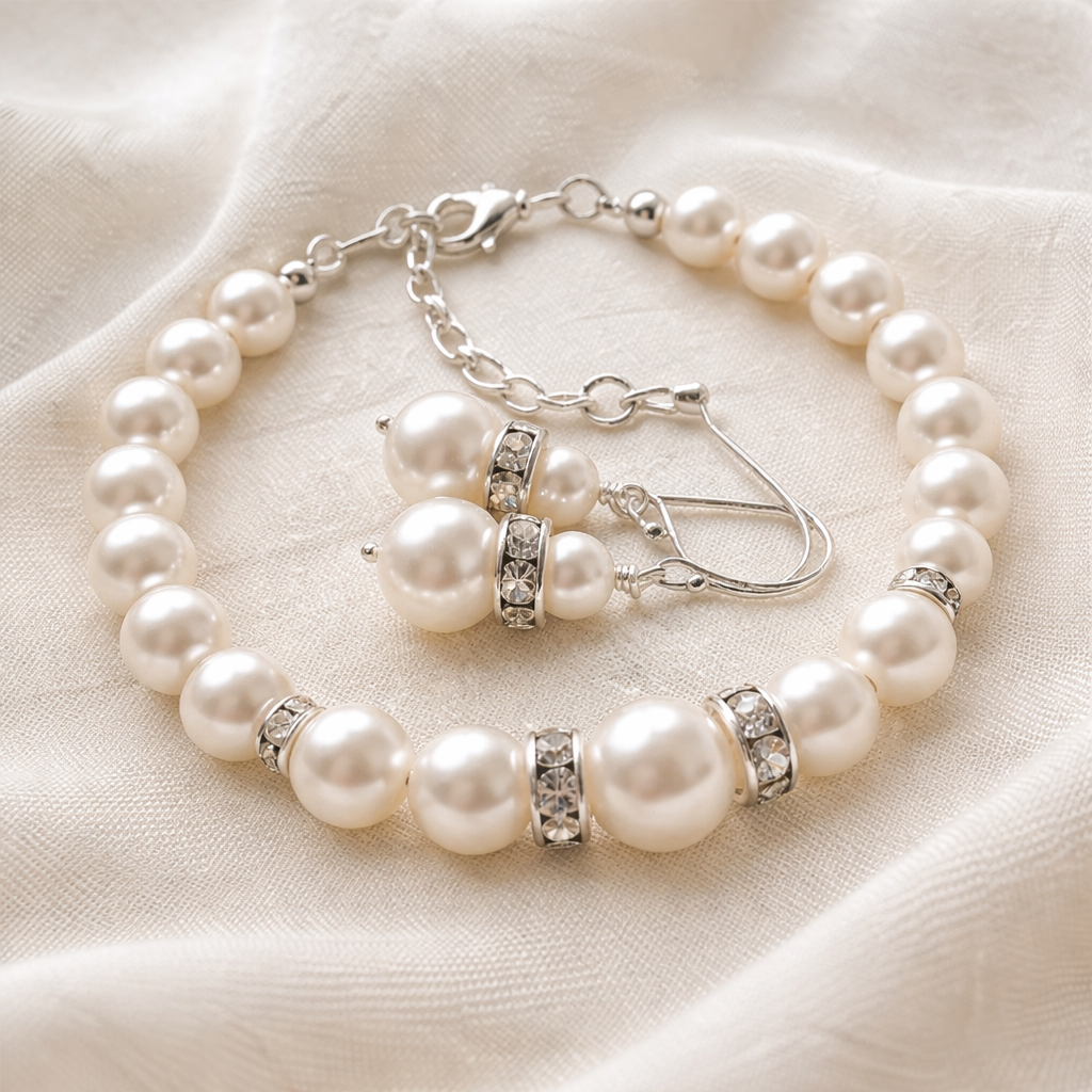 Wedding Bridal White Austrian Crystal Pearl Bracelet Earrings Set