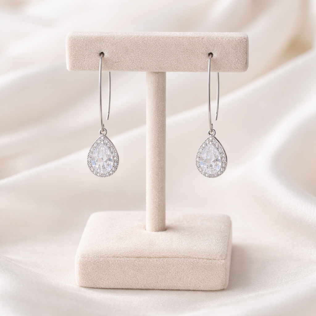 Clear Teardrop CZ Drop Earrings Gold Or Silver Bridal Earrings