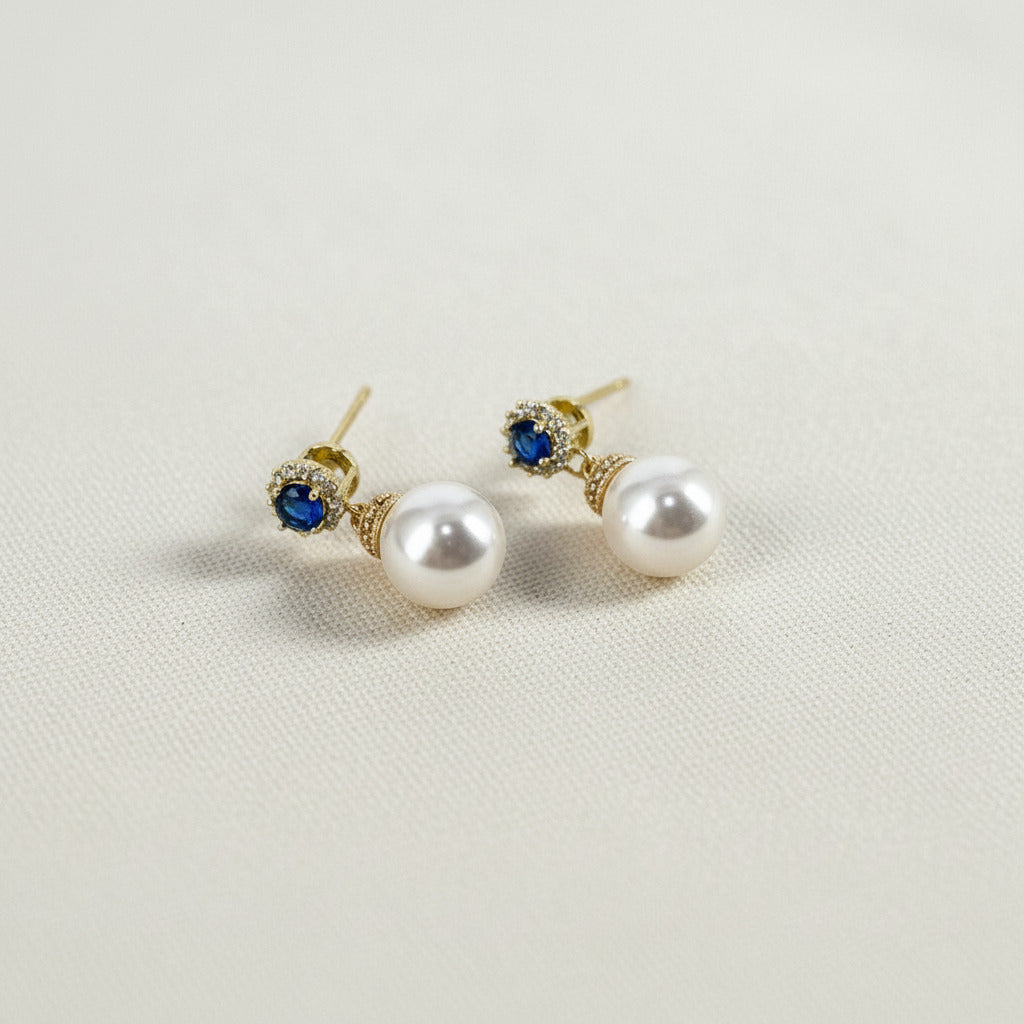 Bridal Pearl Gold Earrings with Sapphire Blue Accents
