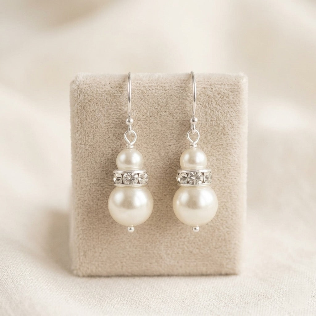 Wedding Bridal White Austrian Crystal Pearl Bracelet Earrings Set