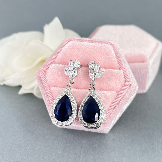 Bridal Wedding Necklace Earrings Set with Sapphire Blue Teardrop