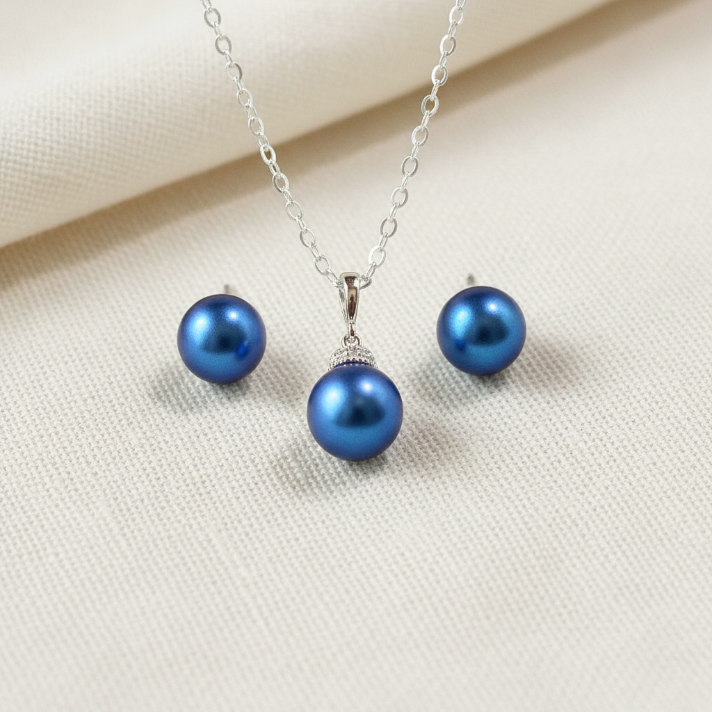 Wedding Bridal Royal Blue Pearl Necklace and Stud Earrings Set