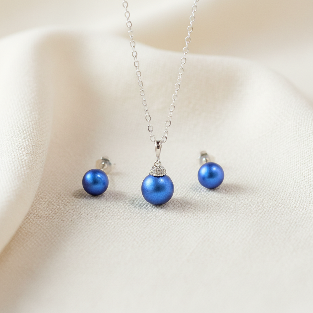 Wedding Bridal Royal Blue Pearl Necklace and Stud Earrings Set