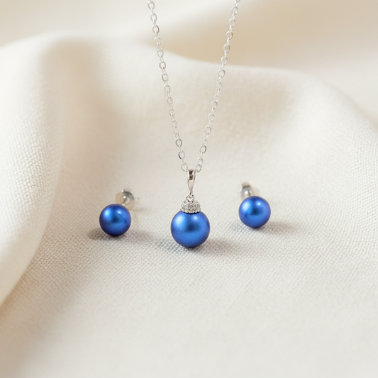 Wedding Bridal Royal Blue Pearl Necklace and Stud Earrings Set