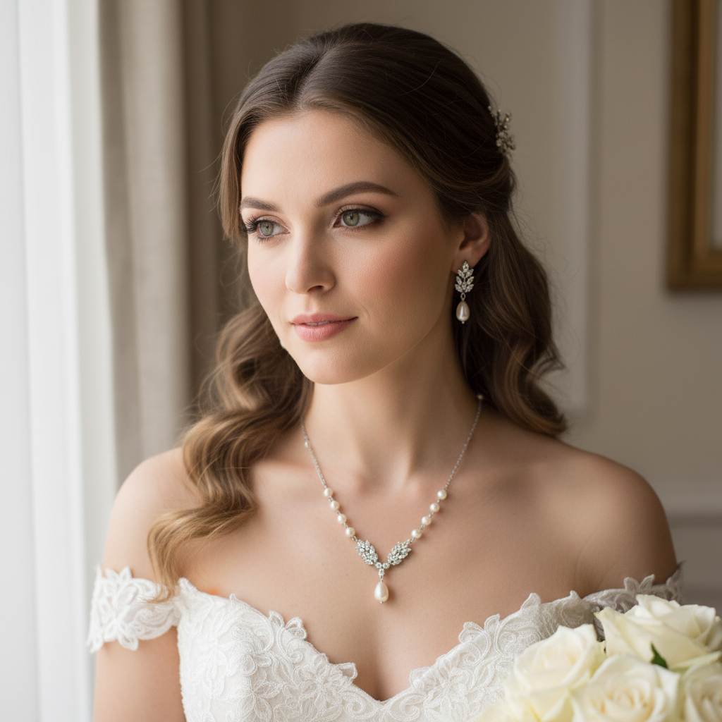 Pamela 2pcs CZ Floral et Perle Toile de Fond Collier et Boucles d'oreilles Ensemble 