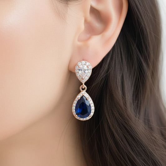 Wedding Bridal 2pcs CZ Sapphire Blue Necklace and Earrings Set