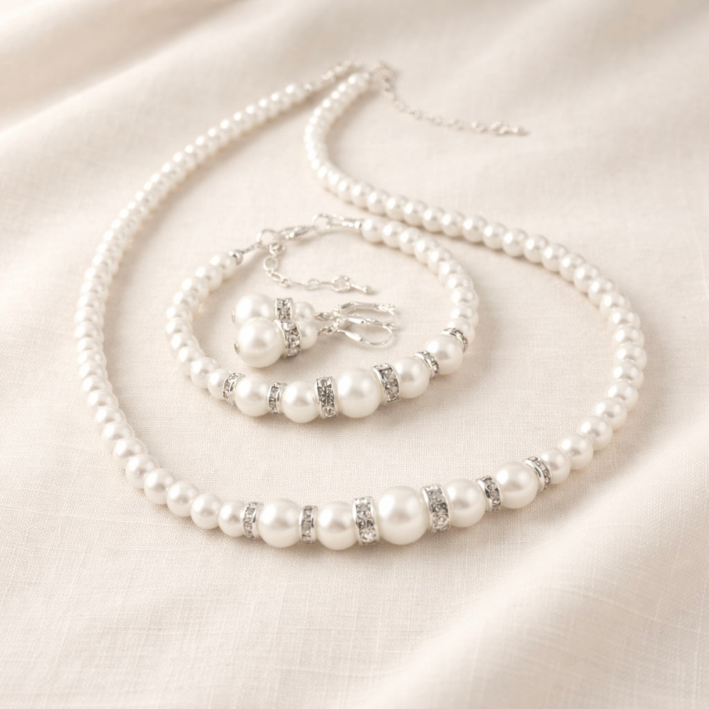 Classic Bridal White Pearl Graduated Necklace Jewelry Set