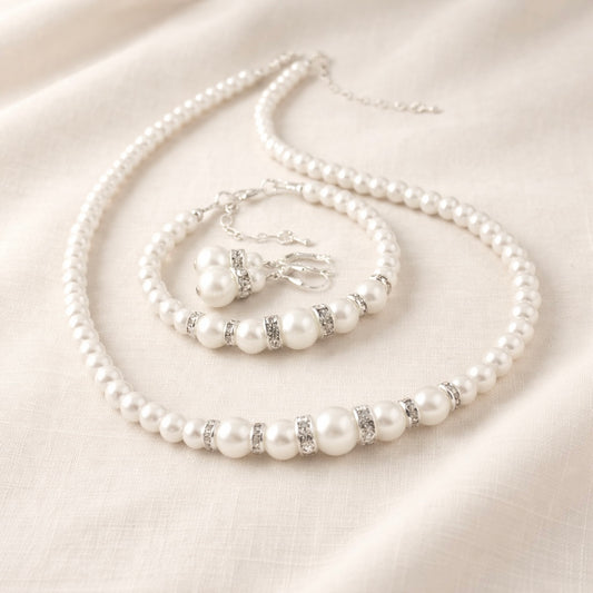 Classic Bridal White Pearl Graduated Necklace Jewelry Set