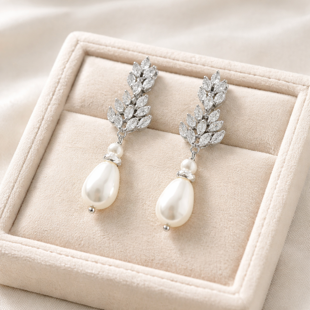 Bridal Floral Crystal and Pearl Clip On Earrings