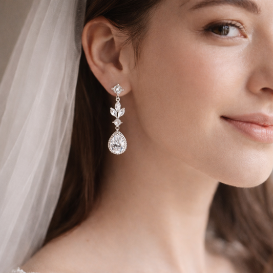 Wedding Crystal Leaf Teardrop Clip on Earrings Bridal Jewelry