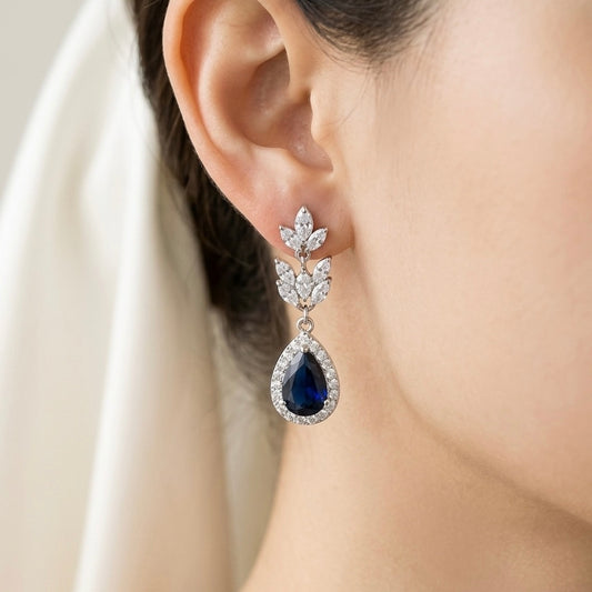 Wedding Bridal Something Blue CZ Floral Earrings