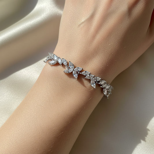 Silver Marquise Crystal Leaf Bridal Adjustable Bracelet