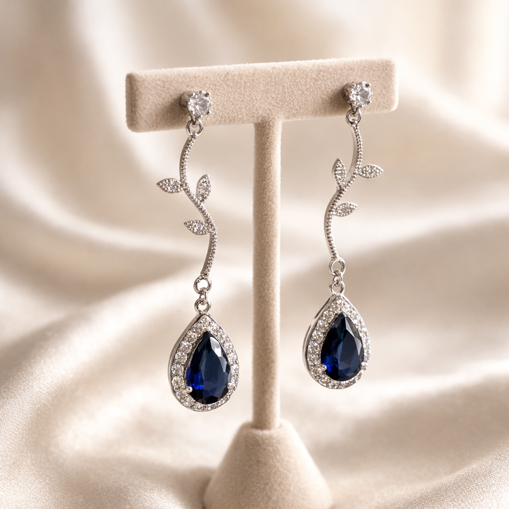 Bridal Blue Crystal Vine Necklace Earring Jewelry Set