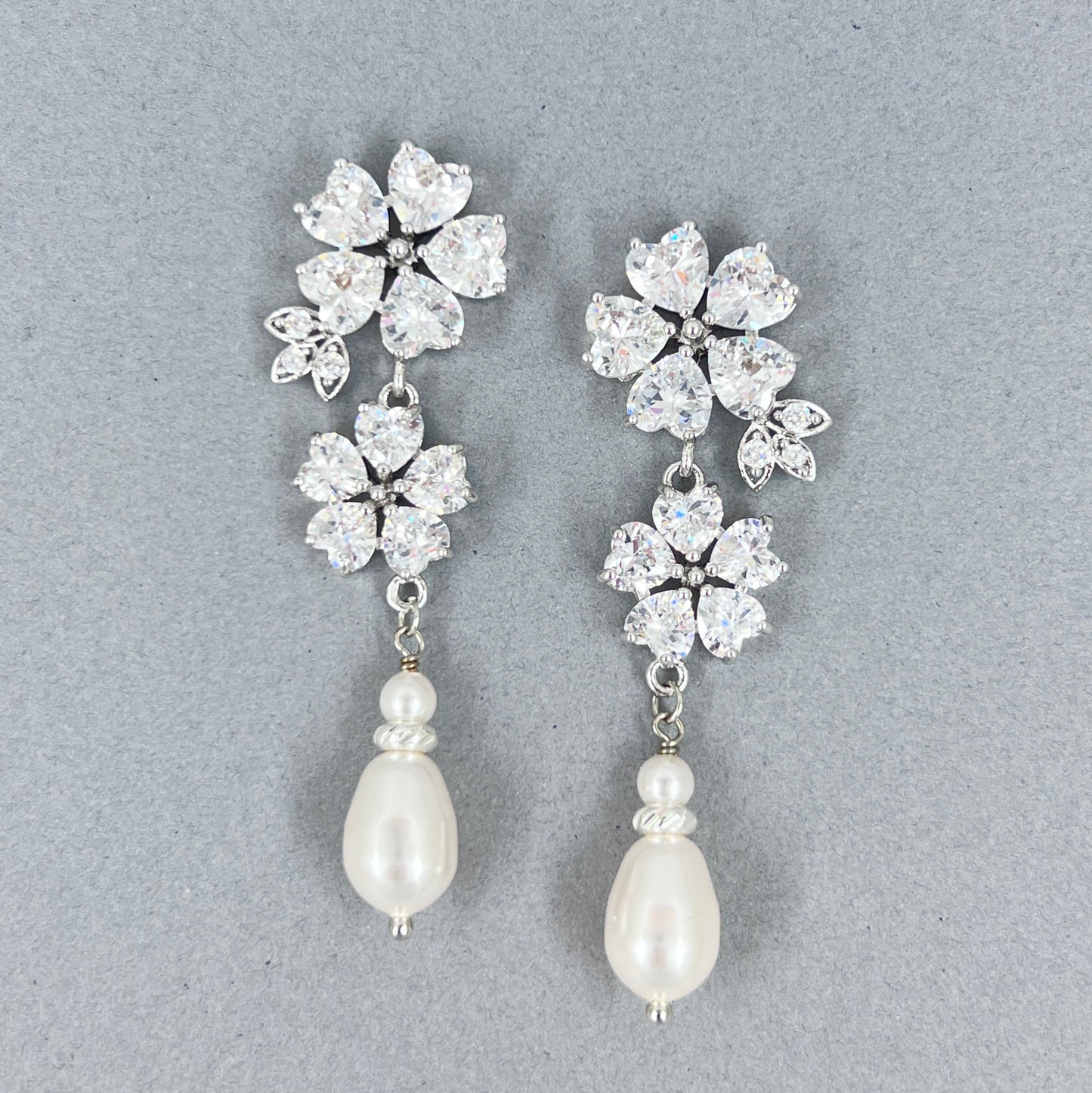 Wedding Bridal Flower Cubic and Pearl Earrings