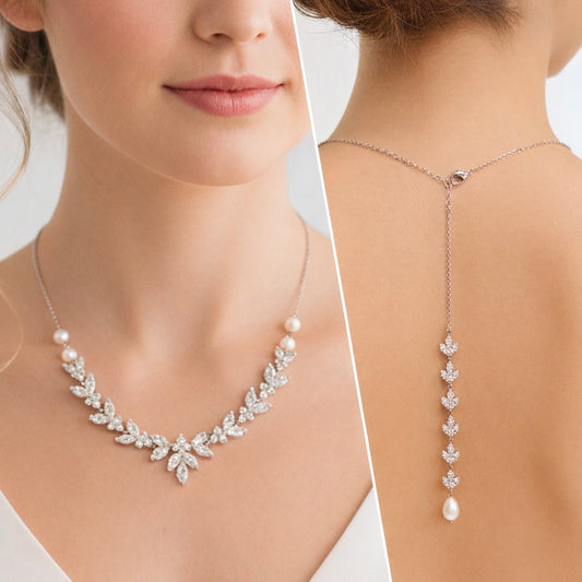 Ensemble collier et boucles d'oreilles Paige 2 pièces en zircone cubique avec fond floral et perles 