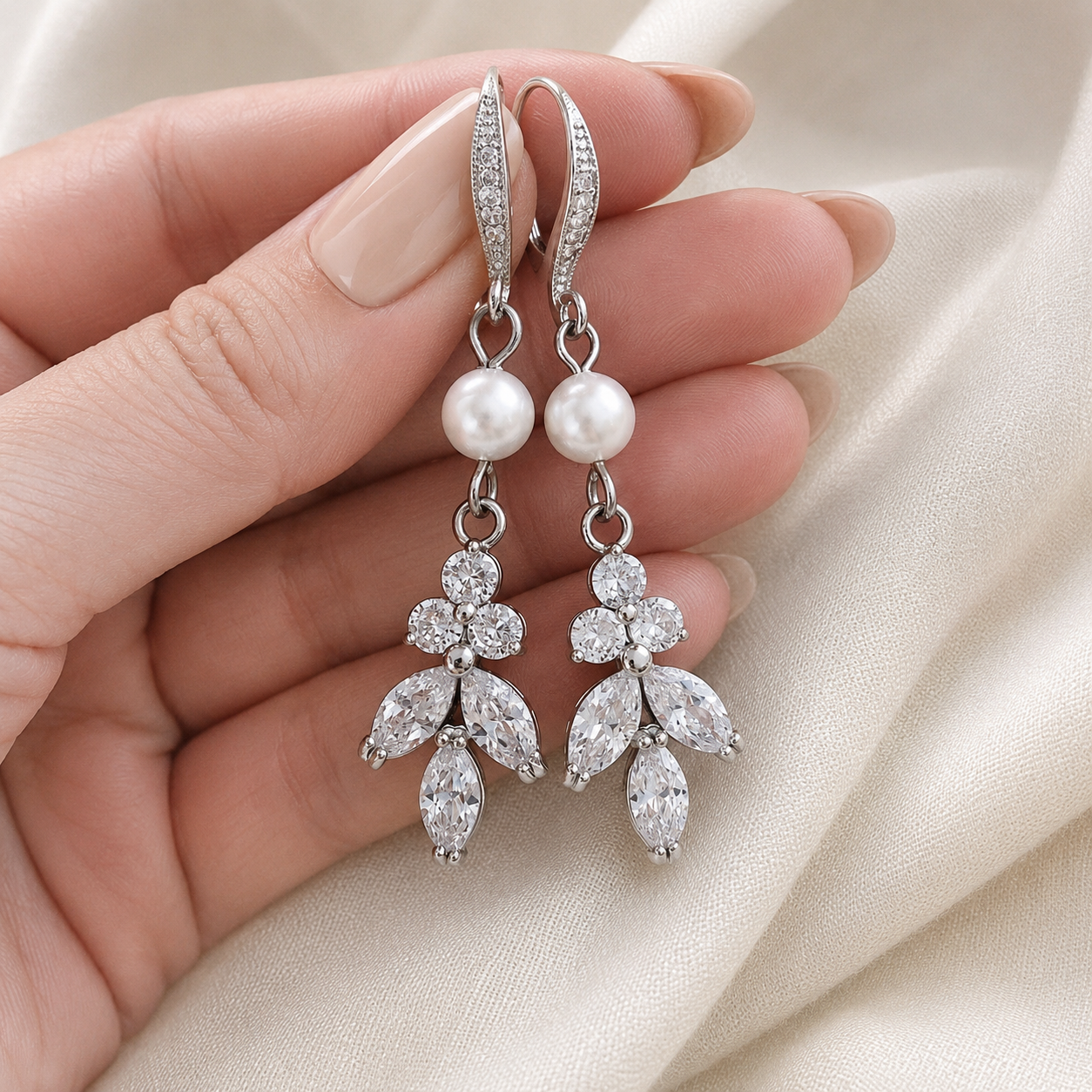 Bridal Crystal Floral and Pearl Necklace Earrings Set