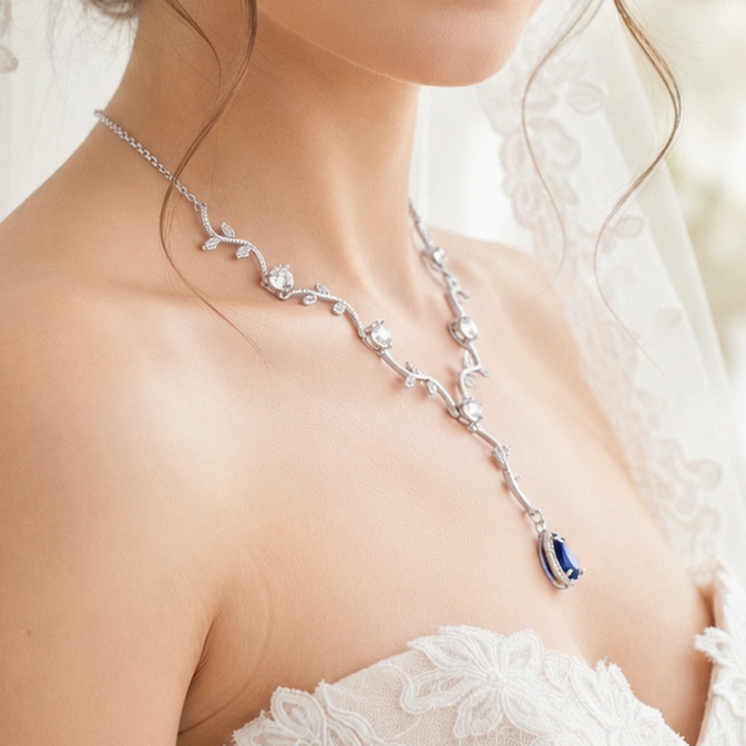 Bridal vines Necklace and Earrings Sapphire Teardrop