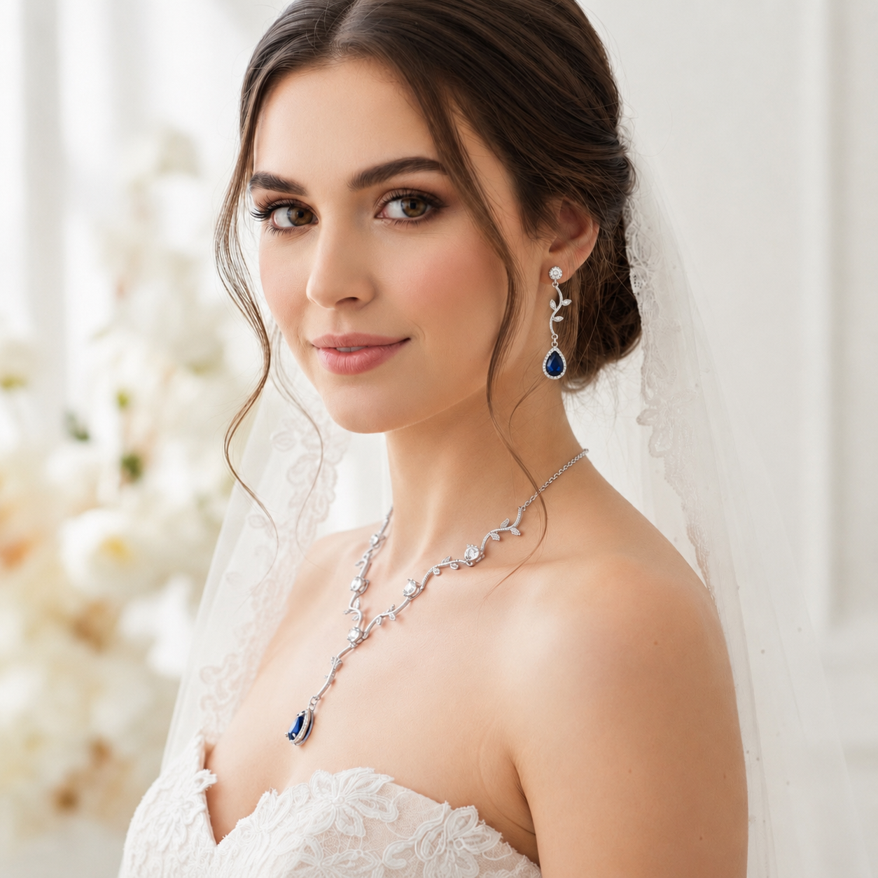 Bridal vines Necklace and Earrings Sapphire Teardrop