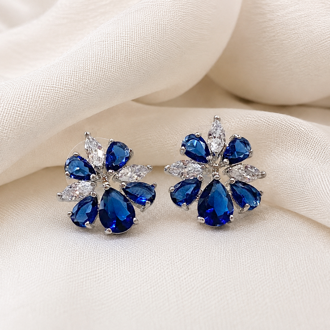 Wedding Bridal Something Blue CZ Floral Earrings