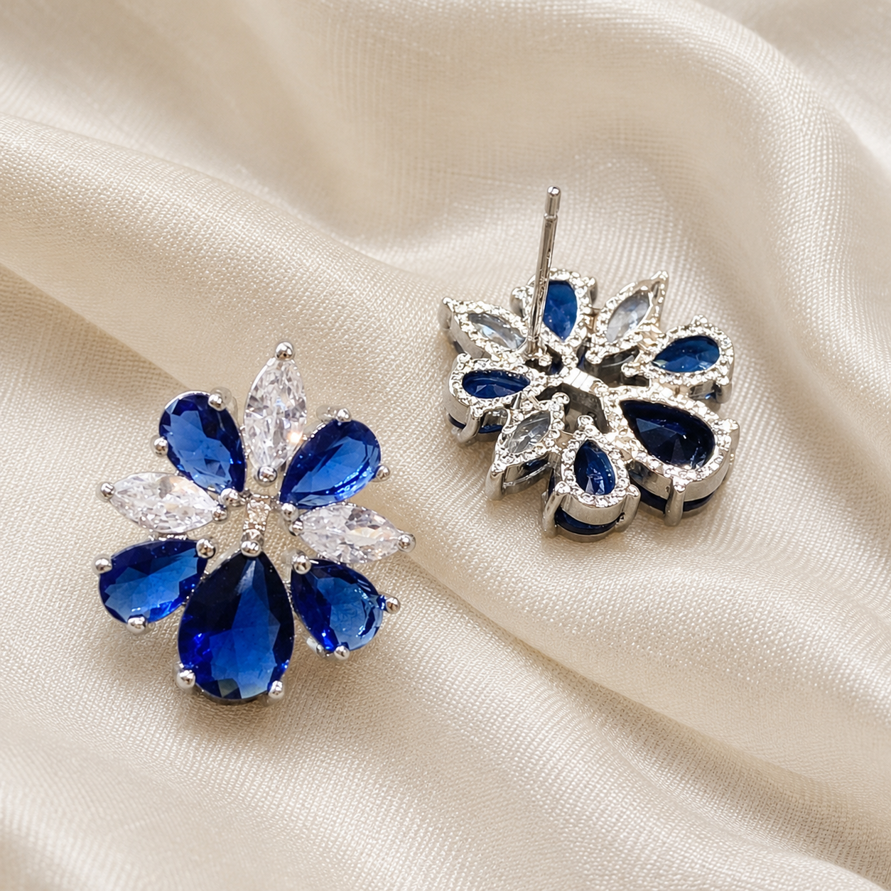 Wedding Bridal Something Blue CZ Floral Earrings